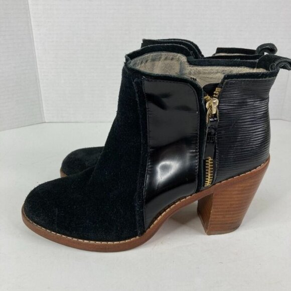 Matt Bernson Womens Ankle Boot Size 8 Gold Zip Black Leather Suede 3" Heel - Picture 3 of 11